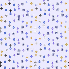 Seamless pattern of fleur de lis, snowflakes, drops, and crosses © arumana