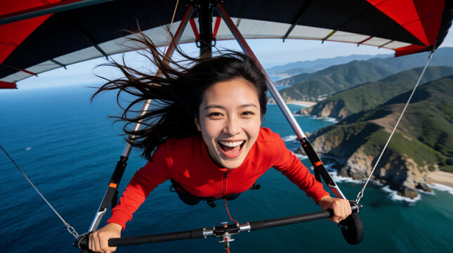 A happy young Asian woman in a red jacket is hang-gliding over a picturesque coastline