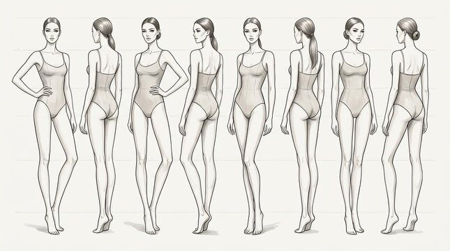 Fashion design croquis featuring female figure pose references in bodysuit sketches set