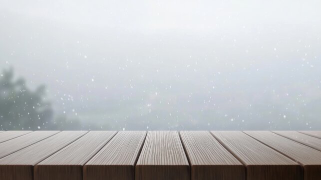 Empty Wooden Table with Blurred Snowy Winter Background