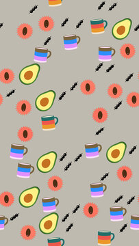 Colorful mugs, avocado halves, and beaded strings pattern