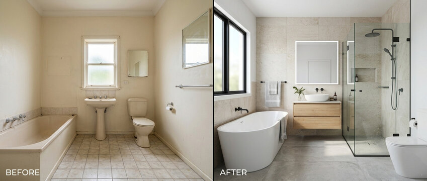 Bathroom renovation before and after, old vs new interior design