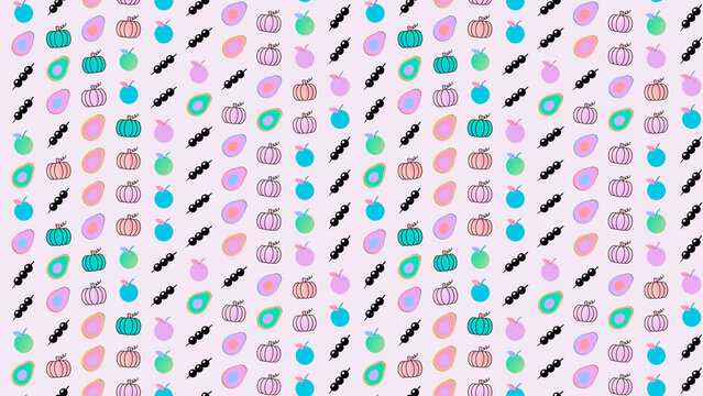 Seamless pattern of stylized fruits and pumpkins