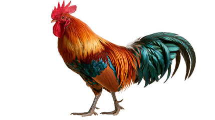 Vibrant rooster with red comb and iridescent green and orange plumage © Torben