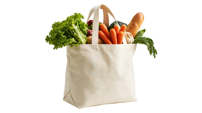 Canvas tote bag filled with fresh green lettuce carrots bread and vegetables
