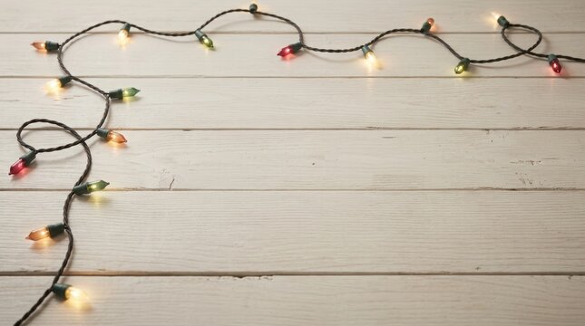Colorful Christmas lights garland arranged along the top and left edges on a rustic white wooden background with negative space.
