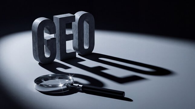 geo seo optimization concept. 3d white geo text with seo shadow and magnifying glass for local search engine optimization concept