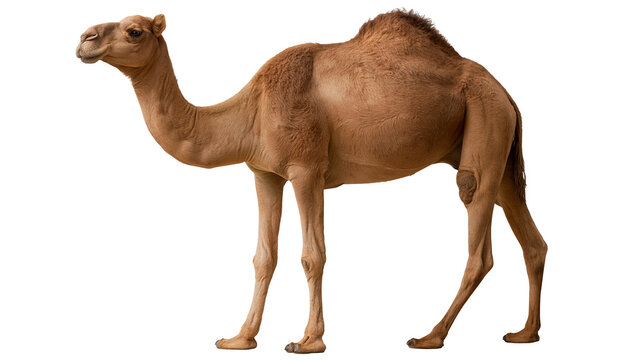 Full body side view of a brown dromedary camel standing