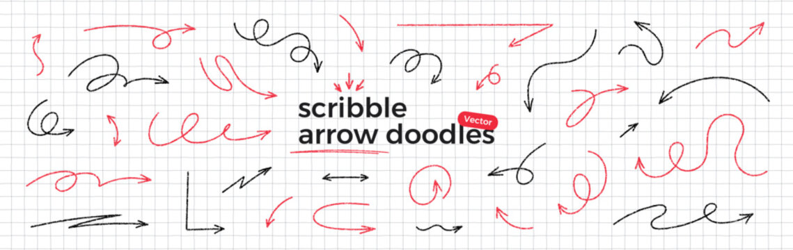 Red and black chalk hand drawn arrows set. Crayon or pen texture. Doodle pointer elements with thin curved, twisted and rounded lines. Sketch, scribble or scrapbook style. Vector illustration