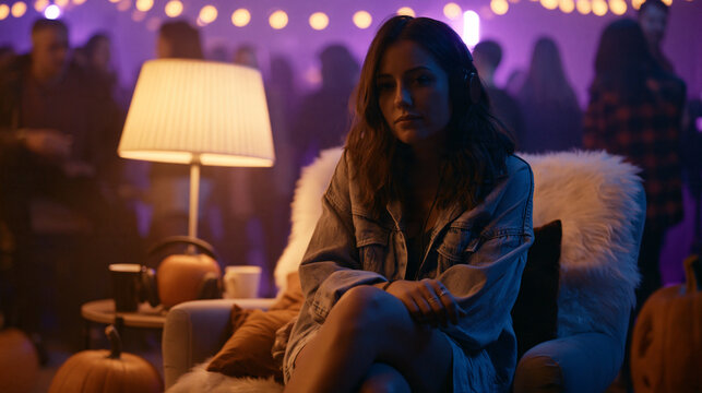 Young woman wearing headphones sitting in a cozy armchair away from a crowded halloween party, taking a quiet break from noise and sensory stimulation