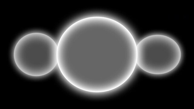 An abstract animation featuring three vibrating, glowing white circles that mimic the oscillation of sound waves against a black background.