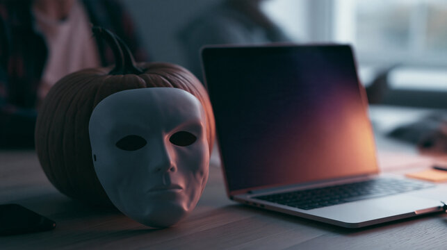 White anonymous mask leaning against halloween pumpkin beside open laptop with blank screen on dark desk illustrating cybersecurity identity theft and online anonymity threats
