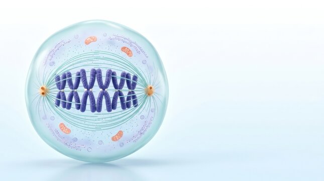 Metaphase cell with purple chromosomes and spindle on white backdrop
