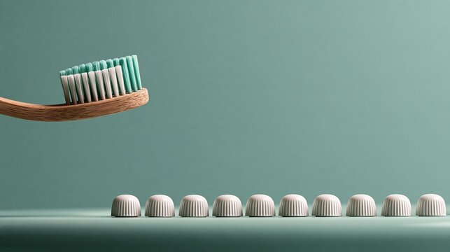 Close-up detail of toothbrush, toothpaste caps, bathroom counter acting as a drill sergeant training tiny toothpaste caps in perfect formation. humorous dental scene.