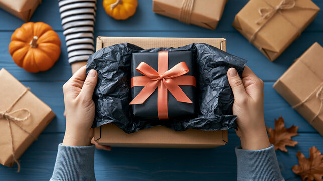 Halloween ecommerce order packing with hands holding a black gift box with orange ribbon among kraft parcels and pumpkins, seasonal shipping concept