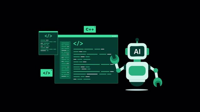 Animated AI Robot Assisting Coding in C++ Programming Language - Transparent