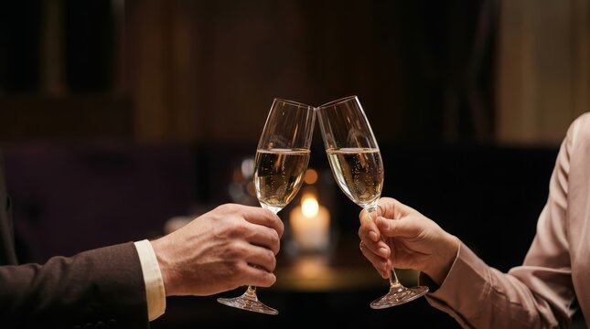 Two people toasting with glasses of champagne in a dimly lit restaurant.