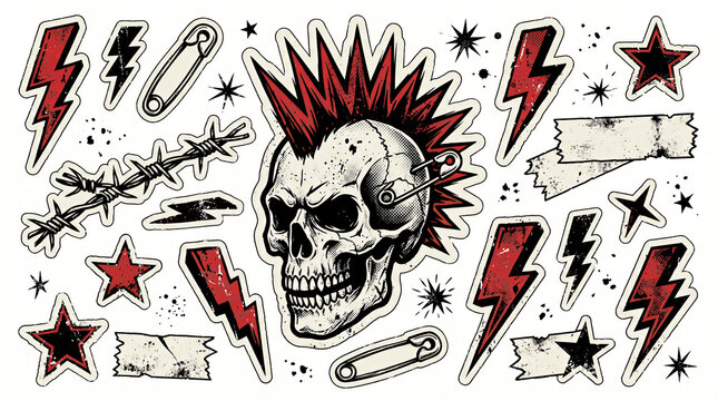 Distressed punk skull sticker sheet with lightning bolts and stars