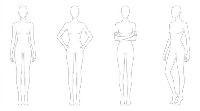 Set of female fashion croquis templates in various poses for clothing design and apparel sketching