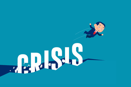 Financial crisis of unemployment. Businessman jump out from crisis