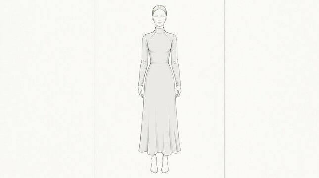 Fashion croquis template of a woman in a long sleeved high neck maxi dress for garment design and embroidery planning on white background