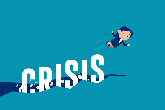 Financial crisis of unemployment. Businesswoman jump out from crisis