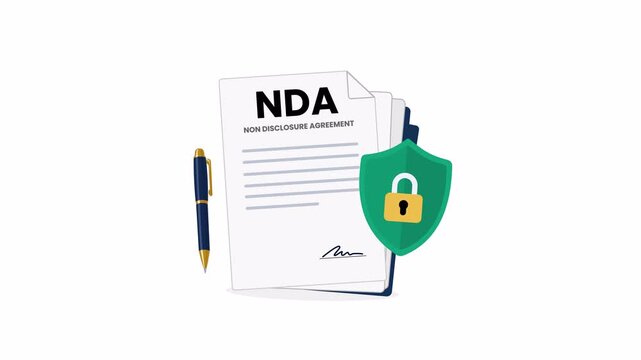 NDA document with pen and security shield representing confidentiality and data protection in flat 2D vector motion animation with alpha channel and transparent background.