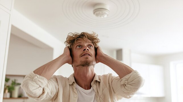 Man covering ears under ringing smoke alarm on ceiling at home. Upset man reacting to loud beeping detector in bright interior. Fire alarm alert. Home safety and maintenance concept.