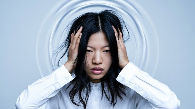 Woman holding her head against blue circular graphic background. Stress, anxiety and mental health concept. Headache and emotional wellbeing. Digital illustration portrait.