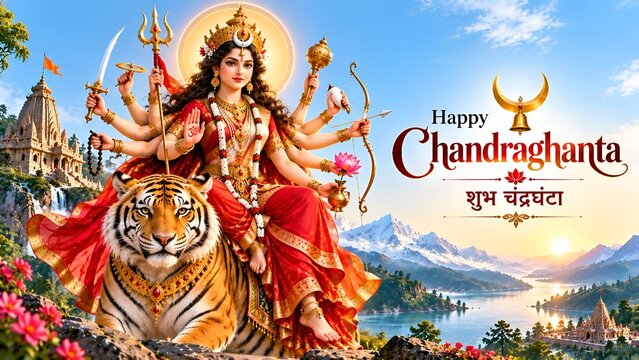 Maa Chandraghanta on Tiger with Ten Arms and Weapons - Happy Chandraghanta Shubh Chandraghanta Wishes with Temple Bells and Sunrise Mountains
