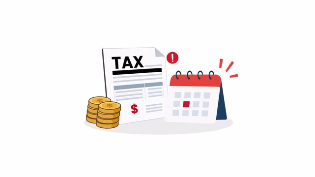 Tax payment documents with coins, calendar and warning symbol in flat 2D vector motion animation with alpha channel and transparent background.