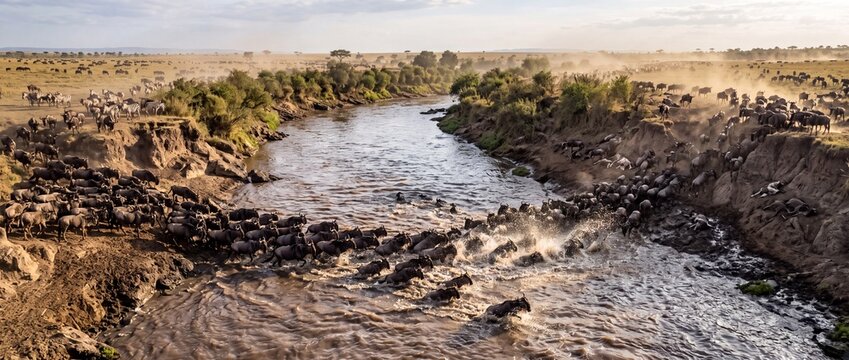Wildebeest Migration River Crossing in Masai Mara Kenya Africa.