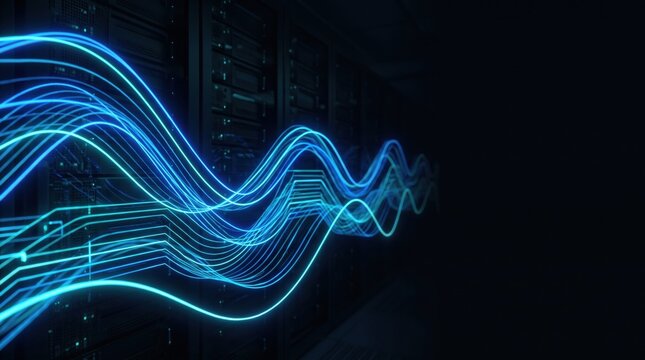 Glowing blue digital data waves flowing through dark server room datacenter network concept