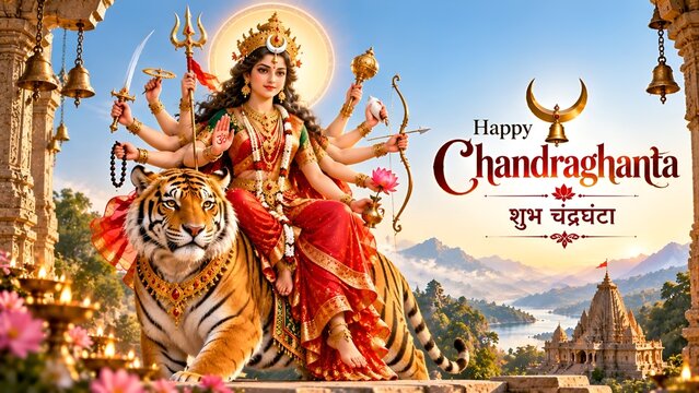 Maa Chandraghanta Sitting on Tiger with Ten Arms Holding Weapons - Happy Chandraghanta Shubh Chandraghanta Wishes with Mountain Temple Background