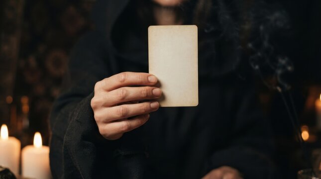 Mysterious Figure Holding Blank Card in Dark Setting