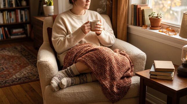 Woman sitting in cozy chair with warm drink and blanket in autumn  