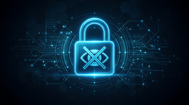 Glowing digital padlock symbol protecting private information with eye icon crossing showing restricted access and secure data transmission network infrastructure for cyber defense and