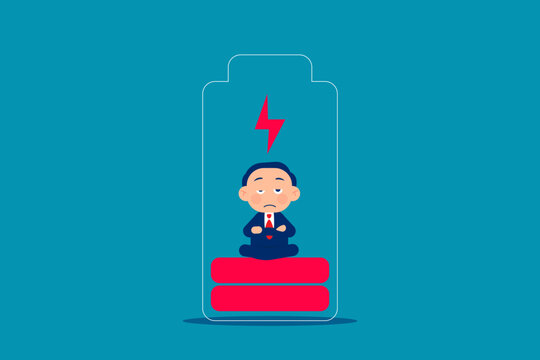 Loss. Businessman meditating inside the battery to charge.