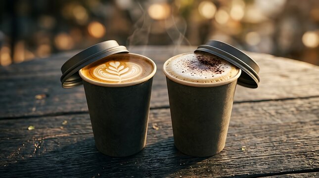Two takeaway coffee cups with latte art on a rustic wooden table with soft sunset bokeh background