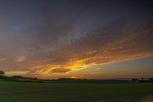 Vibrant sunset over green fields and silhouettes of trees at Treh&oslash;je in Mols Bjerge, Denmark