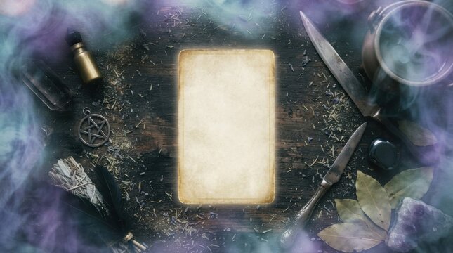 Magical Altar Scene with Blank Scroll and Tools