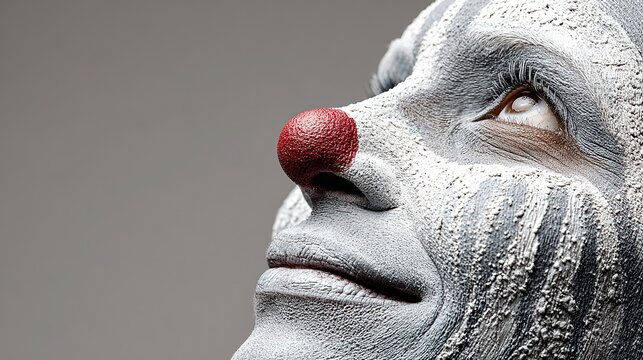 Facial expression close up with white face paint, large round red foam nose and bright red lipstick, looking up with wide toothy grin, clean white teeth,