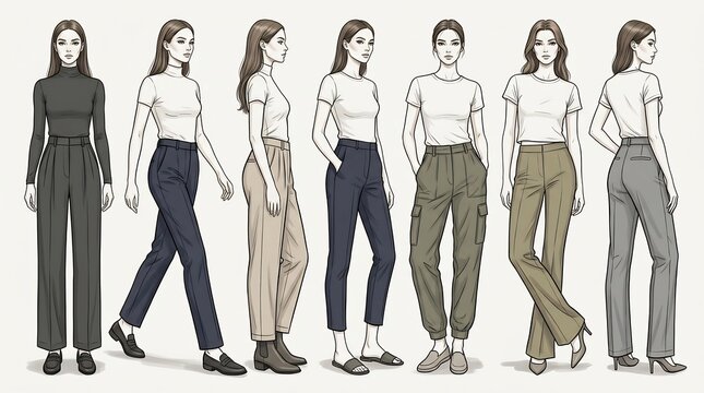 Fashion design reference sheet featuring multiple female model poses in various standing and walking positions wearing casual apparel
