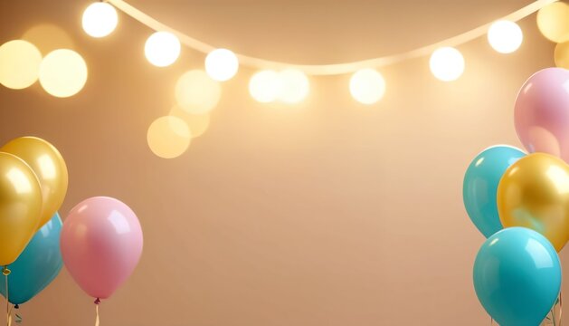 Party balloons and string lights framing warm copy space background