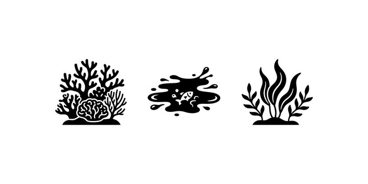 Coral reef, polluted water with fish, and aquatic plants for ecosystem.