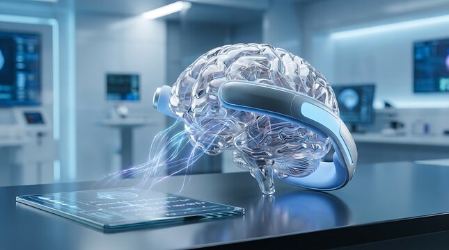Futuristic glass brain model with neural interface, transparent human brain anatomy in high-tech laboratory, artificial intelligence and neuroscience concept