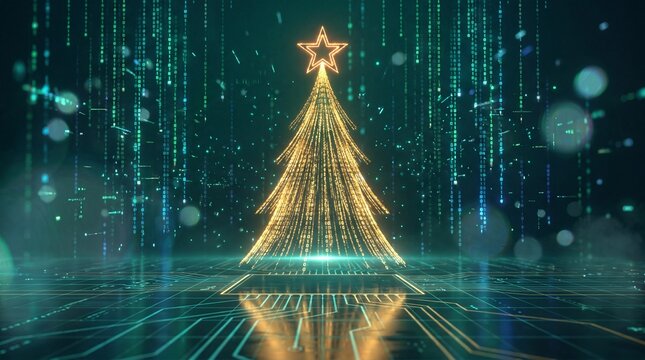 Digital Christmas tree made of binary code against green matrix background, symbolizing technology and holiday celebration in cyberspace.