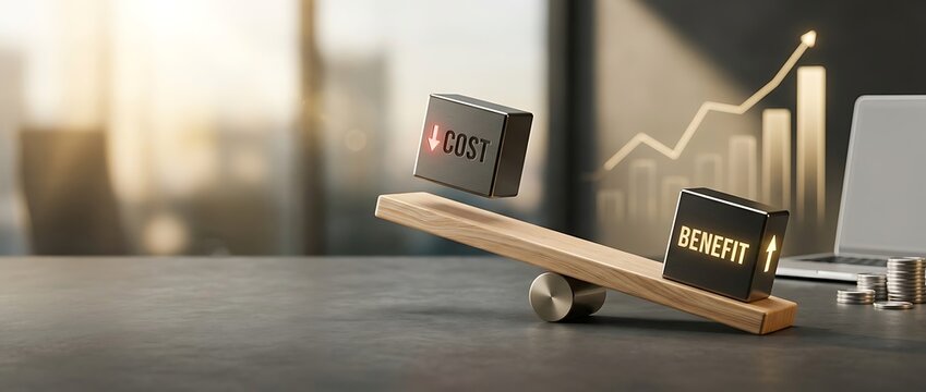 Conceptual business illustration of cost benefit analysis showing a wooden seesaw balancing cost reduction and benefit increase on a desk with financial growth graph in background.