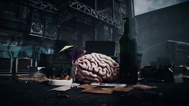 Alcohol and smoking harmful effects on the brain. Human brain discarded in a garbage bin with alcohol bottle and smoldering cigarette, symbolizing addiction and health risks. 4k animation