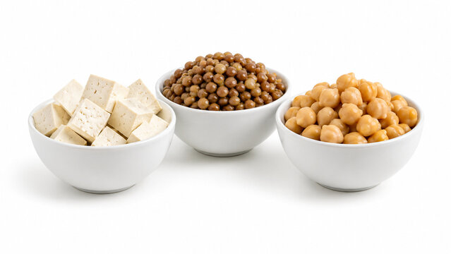 Assorted vegan protein foods isolated on a clean white background